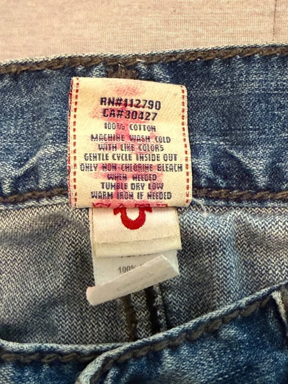 True Religion Mens Ricky Giant Big T Jeans Distressed Light Wash Denim SZ 33